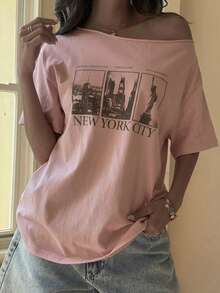 DAZY Teen Girls' Casual Letter & Architecture Print Asymmetric Neck Short Sleeve T-Shirt, Summer - Camel - View 2
