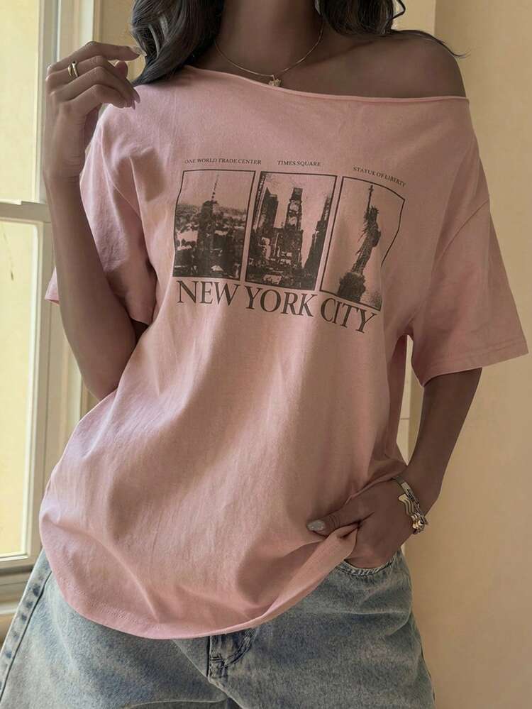 Teen Girls' Casual Letter & Architecture Print Asymmetric Neck Short Sleeve T-Shirt, Summer