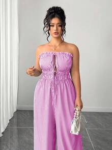 SHEIN Tall CURVE Mono sin tirantes a rayas elegante para mujer de talla grande - Rosa Fucsia - Ver 3