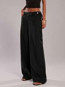 SHEIN BAE Brown Casual Beaded Decor Wide Leg Pants/Relaxed Fit Trousers, Suitable For Vacation, Commute, Outing, Summer - Black - View 5