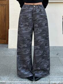 Dazy Plus Plus Size Women Camouflage Print Street Style Long Jeans, All Season Summer - Navy Blue - View 7