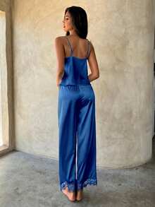 Aloruh Lace Trim Satin Cami Top & Pants PJ Set / Pajama Set For Daily Wear - Royal Blue - View 2