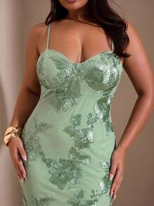 SHEIN BAE Đầm lưới thêu họa tiết cổ điển thanh lịch gợi cảm dành cho nữ cỡ lớn, thích hợp cho mùa Thu/Đông. - Màu xanh Bạc hà - Xem 2
