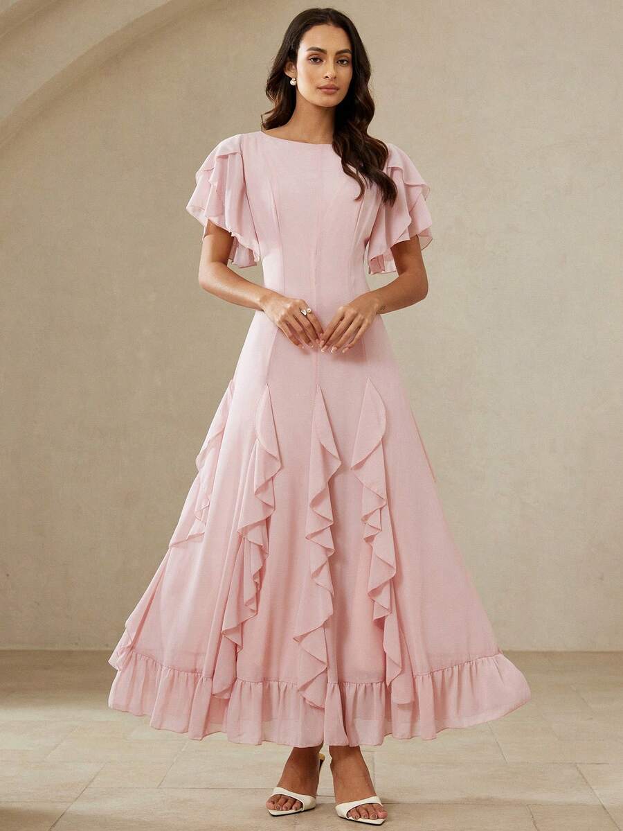 Aveloria Rosie 优雅雪纺收腰竖条纹荷叶边短袖修身连衣裙，适合度假和约会，浅粉色 - 粉色 - 查看 1