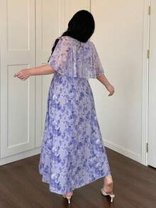 Vibekara 法式浪漫紫色碎花雪纺V领连衣裙，女士夏季短袖收腰优雅长裙 - 淡紫色 - 查看 2
