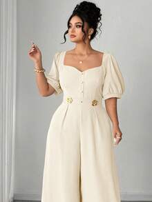 Elenzga Bộ jumpsuit dáng rộng, thanh lịch, cổ vuông, tay ngắn, cài cúc kim loại, thích hợp cho mùa xuân/hè, đi học, nghỉ lễ, tốt nghiệp, Ngày lễ tình nhân, Giáng sinh, lễ hội âm nhạc, Ngày của Mẹ, Halloween, Lễ Tạ ơn, Lễ Phục sinh, Ngày Quốc khánh, dạ hội, tiệc hẹn hò, mùa cưới, dã ngoại. - Màu be - Xem 2