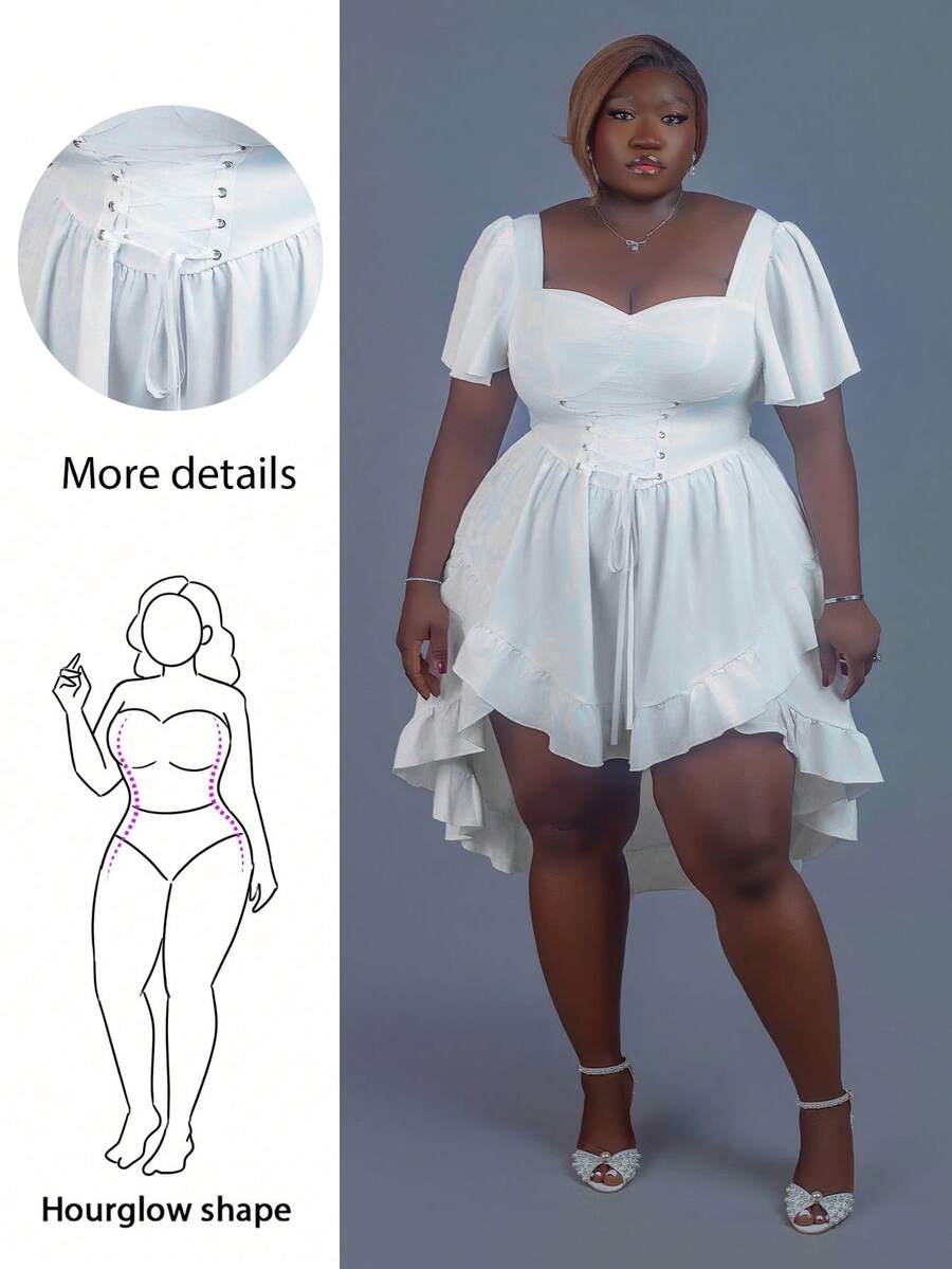 CurvyTilda 大码女士复古腰带莲花边白色连衣裙 - 白色 - 查看 1