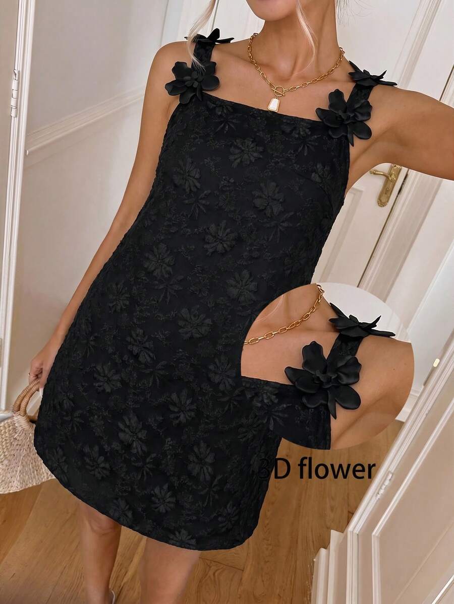 SHEIN LUNE 大码女式提花优雅休闲无袖连衣裙 黑色碎花连衣裙 女式连衣裙 夏季女式连衣裙 Zanzea 女式连衣裙 蕾丝女式连衣裙 鸡尾酒会 - 黑色 - 查看 1