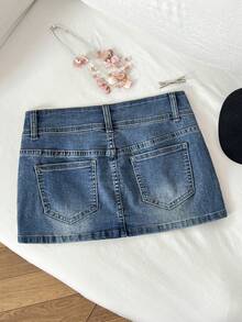 Elamini Chân váy denim xanh cổ điển thêu hoa nhiều màu sắc dành cho nữ - Rửa trung bình - Xem 2