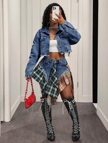 BamGleam Áo khoác denim rách dáng thường ngày dành cho nữ - Rửa trung bình - Xem 3