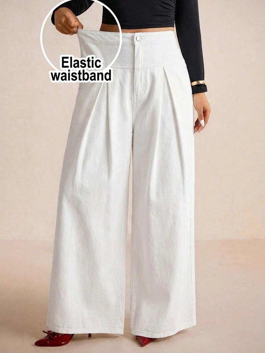 Elaquor Plus Size Casual Versatile Solid Color High Waist Wide Leg Jeans - White - View 1