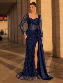 Glamrae Luxurious Elegant Embroidered Sequin Lace Satin Splice Fishtail Skirt, Side Slit Evening Dress With Drape,Perfect For Weddings,Parties&Galas - Navy Blue - View 4