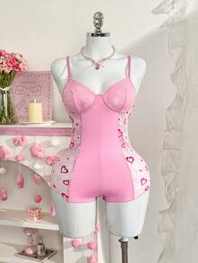 PetitDoll 1 pieza Mono de mujer de seda de leche y encaje con parches, dulce y lindo, ajuste ceñido - Rosa - Ver 7