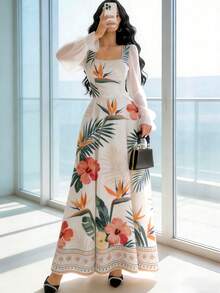 aModelyn Vestido de manga farol de cuello cuadrado con estampado floral diminuto, vestido largo elegante con cintura ceñida para verano y uso diario, vestido floral negro - Multicolor - Ver 3