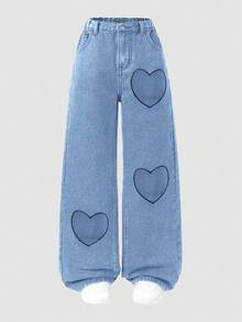 SHEIN ChillGRL Quần jeans ống rộng thêu hình trái tim kiểu dáng mới dành cho bé gái tuổi teen, phù hợp cho mùa xuân, hè, thu và đông - Hàng mới về mùa thu/đông - Rửa nhẹ - Xem 1