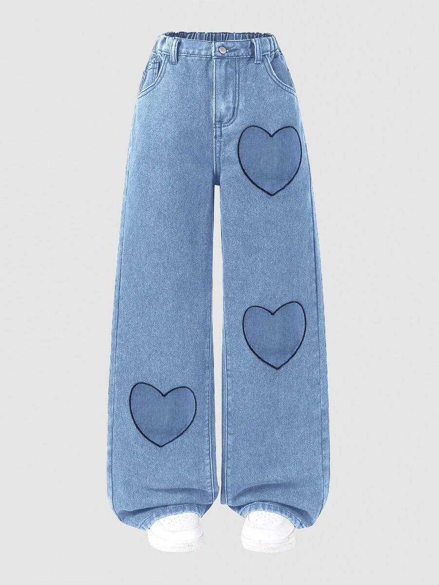 SHEIN ChillGRL Quần jeans ống rộng thêu hình trái tim kiểu dáng mới dành cho bé gái tuổi teen, phù hợp cho mùa xuân, hè, thu và đông - Hàng mới về mùa thu/đông - Rửa nhẹ - Xem 1