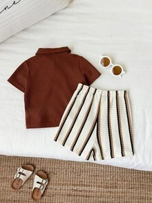 Bộ 2 món áo polo tay ngắn và quần short kiểu dáng thường ngày cho bé trai/bé gái, trang phục mùa hè cho bé trai. - màu nâu - Xem 2