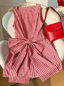 Comfortcana Đầm dáng chữ A hở lưng, thắt nơ, kẻ caro đỏ trắng, cỡ lớn, thích hợp cho kỳ nghỉ. - Đỏ và trắng - Xem 5