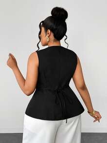 Maweii Blusa/camisa casual elegante y sexy de cuello en V profundo con lazo en la cintura, adecuada para el uso diario - Negro - Ver 3