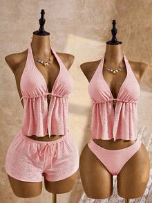 Bellisia 26SS Light Pink Summer Tropical Beach Holiday Vacation Mesh Embroidery Spaghetti Strap Triangle Bikini Matching 3 Pieces Set Mediterranean Fabric - Pink - View 2