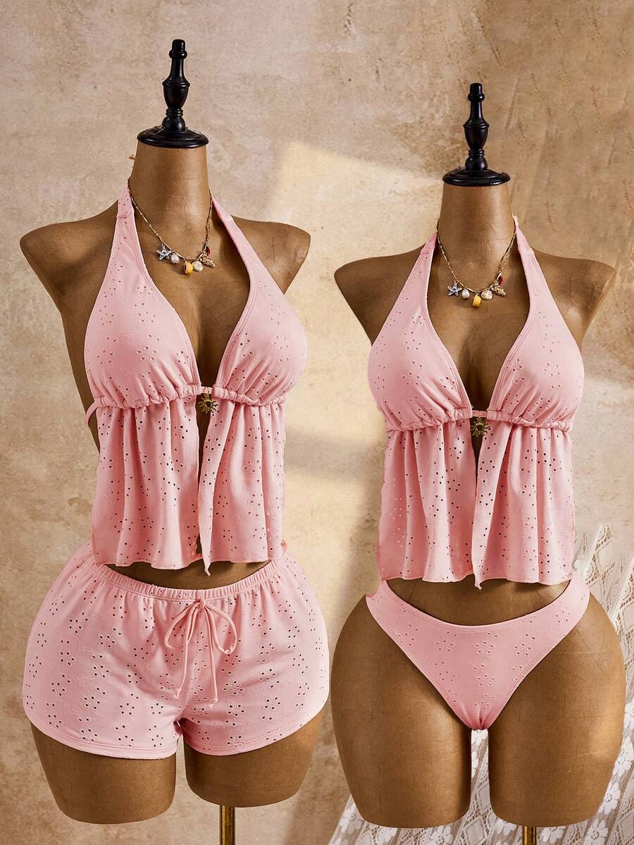 Bellisia 26SS Light Pink Summer Tropical Beach Holiday Vacation Mesh Embroidery Spaghetti Strap Triangle Bikini Matching 3 Pieces Set Mediterranean Fabric