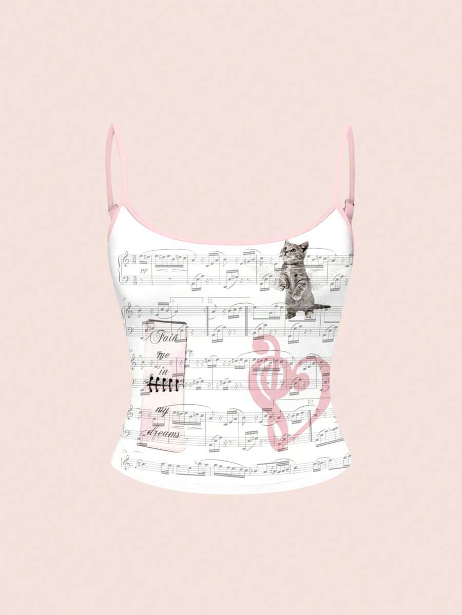ROMWE Kawaii Top de tirantes con estampado de notas musicales, corazones y gatos, lindo y elegante - Blanco - Ver 1