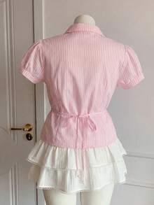 Comfortcana Áo sơ mi tay cánh hoa kẻ sọc dáng rộng mùa hè cỡ lớn - Hồng - Xem 2