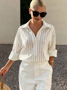 DAZY 女士宽松条纹翻领长袖休闲度假衬衫 - 杏色 - 查看 1