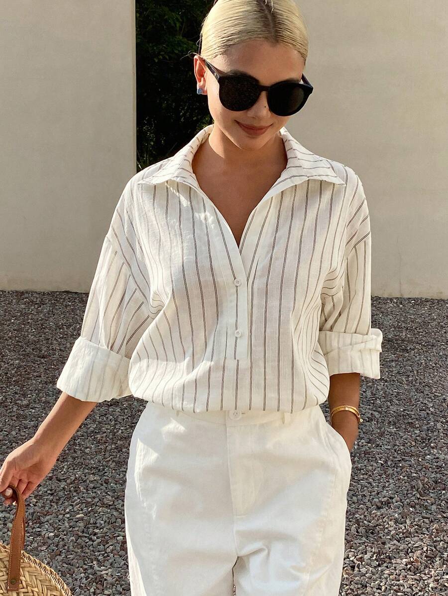 DAZY 女士宽松条纹翻领长袖休闲度假衬衫 - 杏色 - 查看 1