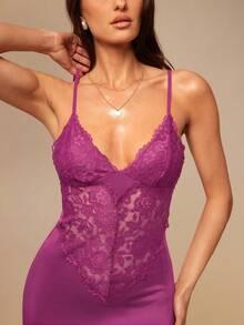Silquee Women's Sexy Lace Splicing Side High Slit Long Nightgown - Dusty Purple - View 6
