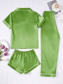 SHEIN 3pcs Contrast Trim Solid Color Faux Silk Lapel Women Pajama Set - Lime Green - View 2