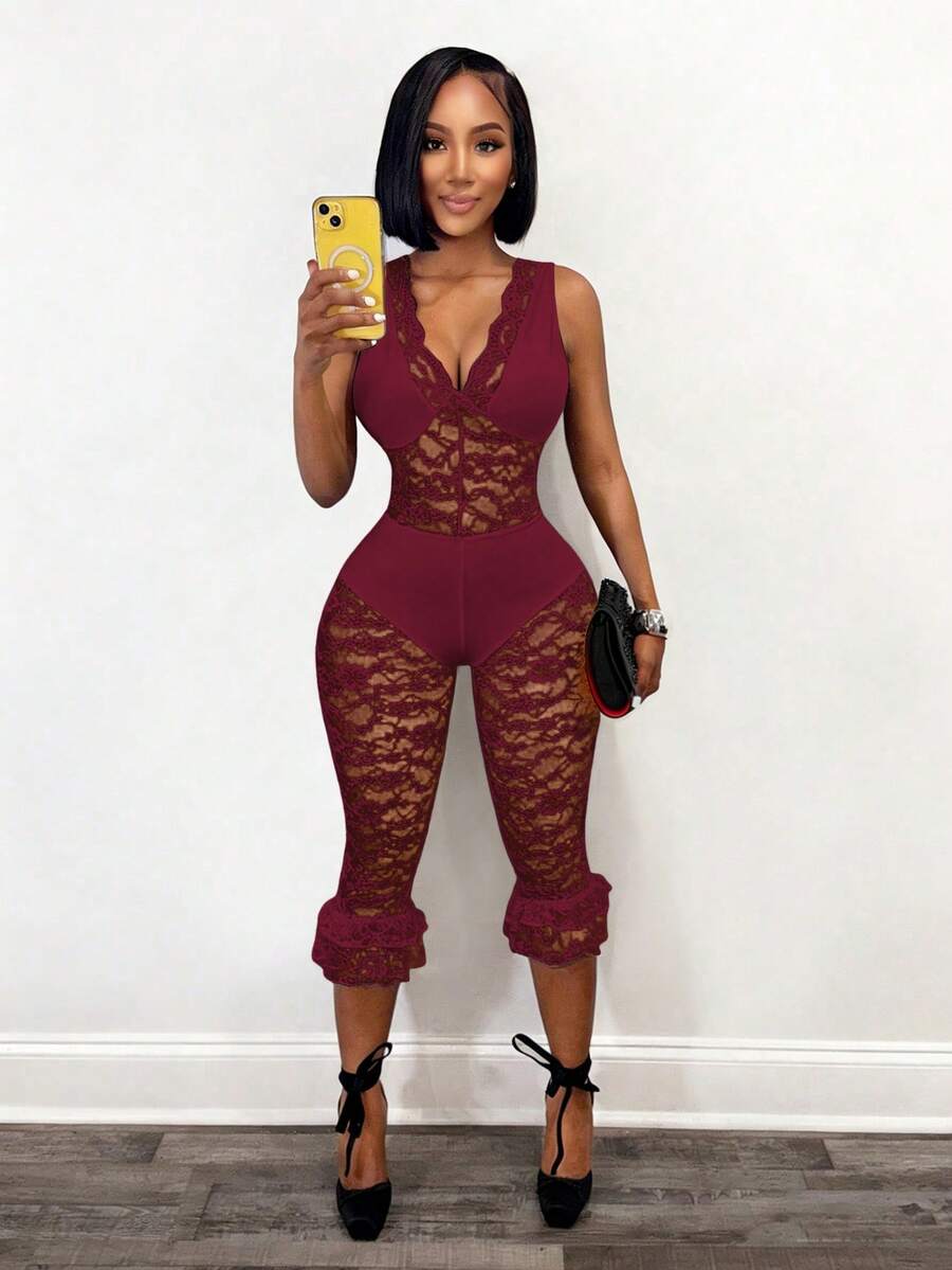 BamGleam Bộ jumpsuit nữ màu trơn cổ chữ V không tay, thời trang, gợi cảm, xuyên thấu. - Màu Đỏ Sâu - Xem 1