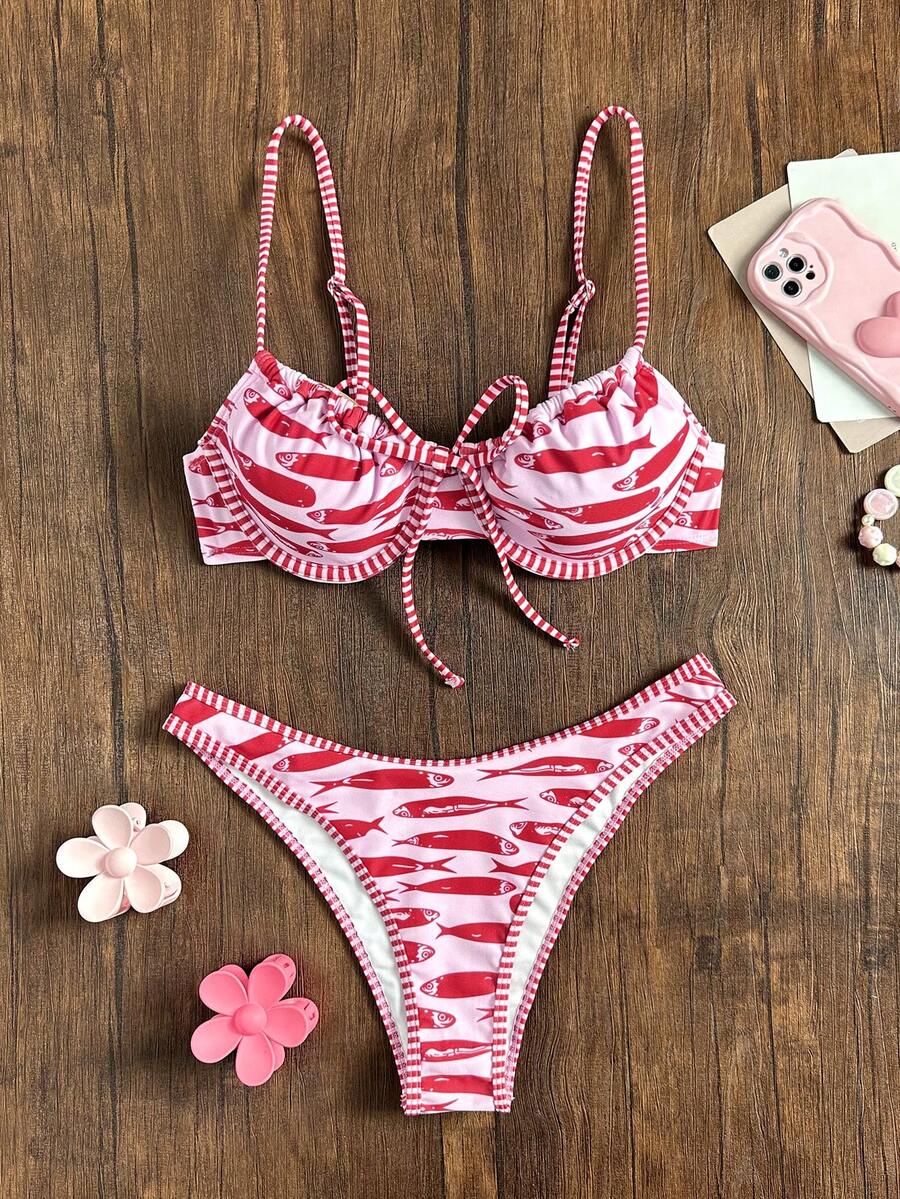 Swim Mod Women's Spaghetti Strap Sexy Beach Vacation Bikini Swimsuit 2 Pieces Set, Summer - Red - View 1