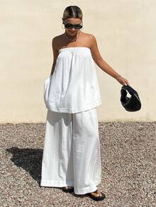Livesso 春夏商务休闲白衬衫、吊带背心和阔腿裤两件套，宽松休闲度假海滩优雅办公女装 - 白色 - 查看 4