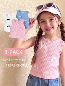 SHEIN Elladie kids 3件套女童纯色蝴蝶结装饰吊带背心，针织星空罗纹吊带背心，休闲蝴蝶结装饰上衣，适合春夏户外穿着，日常休闲叠穿 - 彩色 - 查看 4