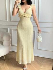 Celisse Đầm dài dự tiệc thanh lịch dành cho nữ, cổ chữ V, viền bèo nhún và thắt eo. - Màu vàng ngỗng - Xem 5