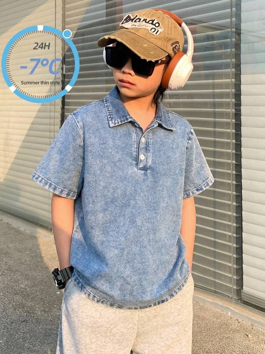 Tween Boy Fashion Casual Vintage Cool Street Loose Comfortable And Refreshing Blue Denim Loose Lapel Half-Opened Short-Sleeved Top For Dailywear And Spring To Summer Rave Festival And Streetwear - Blue - View 1