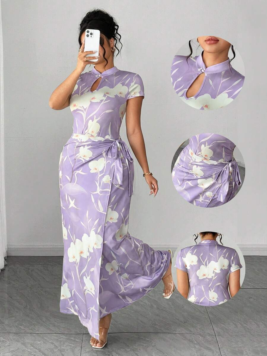 Elenzga 優雅大尺碼女款短袖扶桑花印花洋裝 Yisikado 洋裝 - 淡紫色 - 查看 1