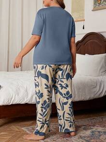 Serenescape Contrast Color Pocket Floral Print Short Sleeve & Pants Plus Size Pajama Set - Dusty Blue - View 2
