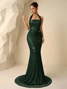 Coutiva Elegant Sequined Halter Neck Slim Fit Party Dress,Suitable For Cocktail,Birthday,Graduation,Wedding Guest & Dinner Party Dress - Dark Green - View 3