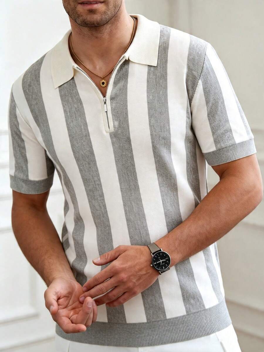 Airaco Men's Summer Casual Vacation & Commute Contrast Stripe Print Short Sleeve Half Zip Polo Collar Knit Top Shirts For Men Casual Stripe Shirt For Men Shirt For Men Polo Mens Striped Polo Shirts For Man - Apricot - View 1