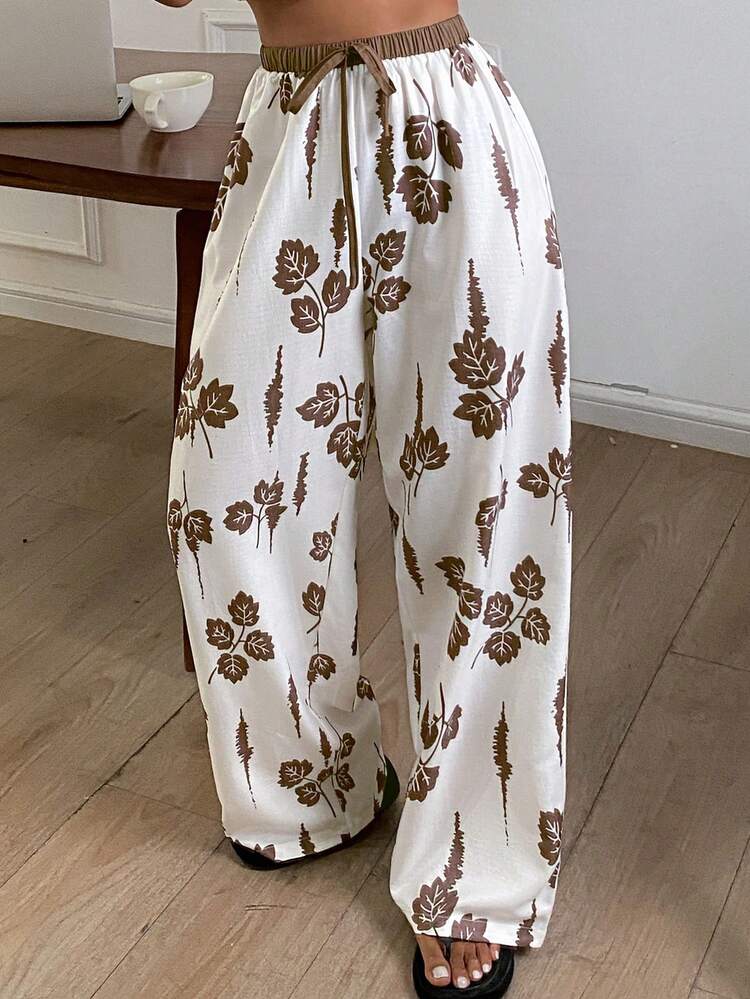 Women's Elegant Botanical Print Contrast Color Waistband Loose Pajama Bottoms, Summer