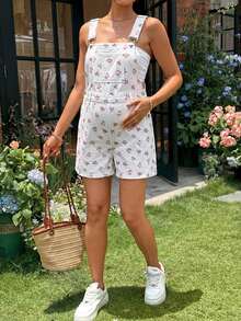 Lyckli White Maternity Floral Print Pocket Adjustable Bib Shorts For Summer Baby Shower,Women Cute Flower Pattern Strap Overalls Y2k Chic Beach Carnival - White - View 6