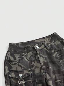 ROMWE 女士休闲工装口袋迷彩面料金属铆钉超低腰喇叭牛仔裤 - 軍綠色 - 查看 3