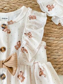 SHEIN 1pc Newly Born Baby Girls' White Summer Cute Cartoon Bear Print Flutter Sleeve Bow Tie Dress Skirt With Hat,Snap Button Design,Casual Outing Outfit - Apricot - View 4