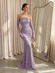 Modelyn 奢华晚礼服，高端正式礼服，优雅精致派对礼服，淡紫色正式礼服，薰衣草色晚礼服，紫色优雅礼服，女士正式礼服，蕾丝美人鱼礼服 - 紫色 - 查看 8