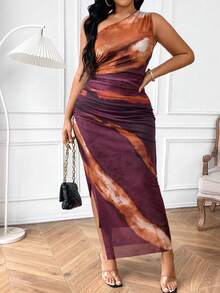 Vionelle Plus Size Summer Tie-Dye Printed Dress With Asymmetric Neckline, Ruched Waist And Side Slit Maxi Women Outfit - Multicolor - View 3