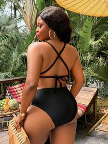 Swim SXY Maillot de bain une pièce 2026 Nouveau style d'été, patchwork léopard avec laçage, contrôle du ventre, grande taille, vêtements de plage - Noir - Voir 2