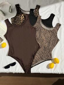 Comfortcana Plus Size Summer Retro Leopard Print Brown Tank Top 4-Piece Set, Plus Size Leopard Print Bodysuit Club - Multicolor - View 6