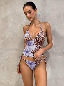 Swim Glamine 2pcs Sweet Floral Print Yellow Plaid Bikini Set, Casual Spring/Summer Beach Party Holiday Outfit - Dusty Purple - View 8